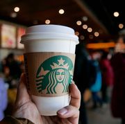 Hand holding a coffee cup in a Starbucks coffee shop.  In