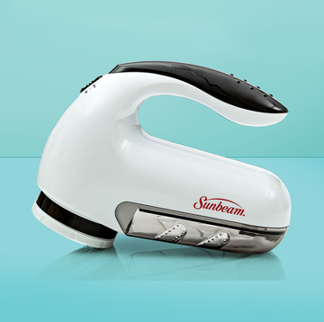 sunbeam professional electric fabric garment defuzzer on a blue background, a good housekeeping pick for best fabric shaver